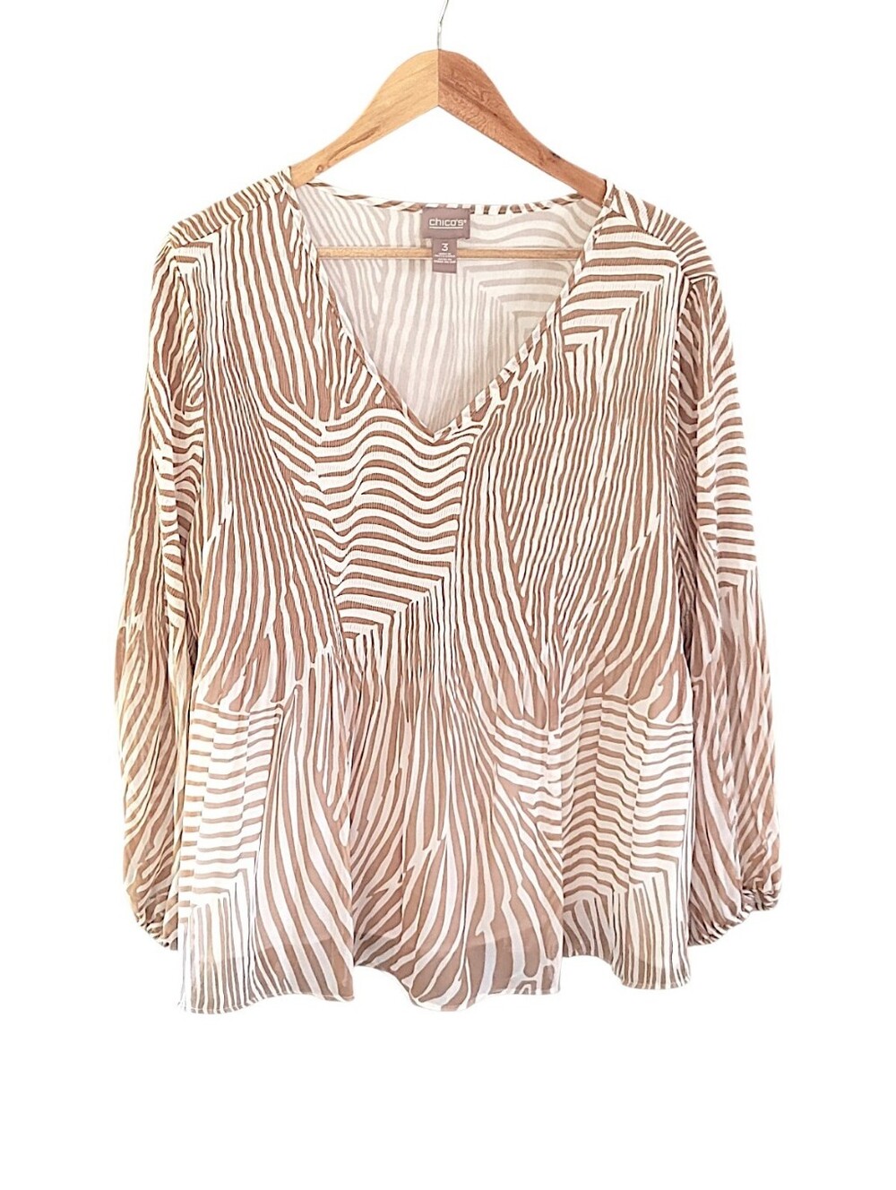 CHICOS,  SIZE 2,  ANIMAL PRINT, FLOWING, 3/4 SLEEVE TAN & WHITE ZEBRA BLOUSE, NW